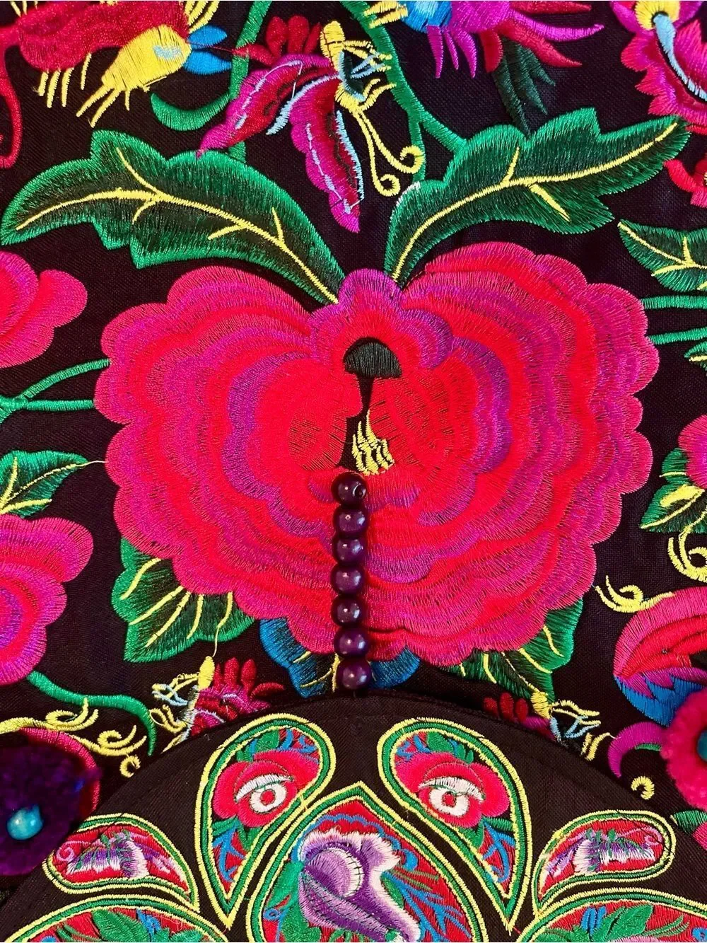 Boho Embroidered Floral & Bird Convertible Tote Backpack w/Pom Pom Tassels NWOT